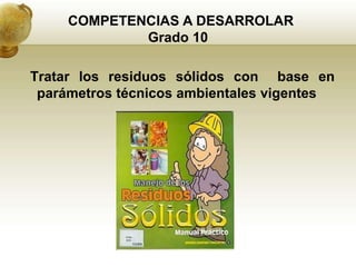 COMPETENCIAS A DESARROLAR
             Grado 10

Tratar los residuos sólidos con base en
 parámetros técnicos ambientales vigentes
 