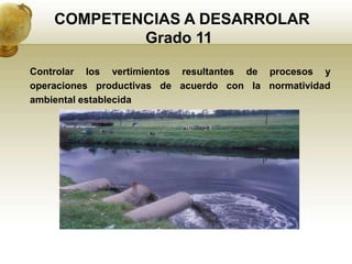 COMPETENCIAS A DESARROLAR
            Grado 11

Controlar los vertimientos resultantes de procesos y
operaciones productivas de acuerdo con la normatividad
ambiental establecida
 