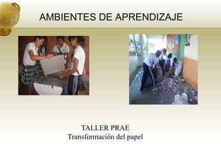 AMBIENTES DE APRENDIZAJE




        TALLER PRAE
    Transformación del papel
 