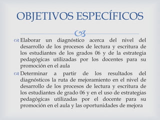 OBJETIVOS ESPECÍFICOS

 acerca
diagnóstico

 Elaborar un
del nivel del
desarrollo de los procesos de lectura y escritura de
los estudiantes de los grados 06 y de la estrategia
pedagógicas utilizadas por los docentes para su
promoción en el aula
 Determinar a partir de los resultados del
diagnósticos la ruta de mejoramiento en el nivel de
desarrollo de los procesos de lectura y escritura de
los estudiantes de grado 06 y en el uso de estrategias
pedagógicas utilizadas por el docente para su
promoción en el aula y las oportunidades de mejora

 