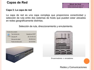 Capas de RedEl modelo de referencia de Interconexión de Sistemas Abiertos (OSI, Open System Interconnection) lanzado en 1984 fue el modelo de red descriptivo creado por ISO; esto es, un marco de referencia para la definición de arquitecturas de interconexión de sistemas de comunicaciones. El modelo de referencia OSI permite que los usuarios vean las funciones de red que se producen en cada capa. Más importante aún, el modelo de referencia OSI es un marco que se puede utilizar para comprender cómo viaja la información a través de una red. Además, puede usar el modelo de referencia OSI para visualizar cómo la información o los paquetes de datos viajan desde los programas de aplicación (por ej., hojas de cálculo, documentos, etc.), a través de un medio de red (por ej., cables, etc.), hasta otro programa de aplicación ubicado en otro computador de la red, aún cuando el transmisor y el receptor tengan distintos tipos de medios de red.Redes y Comunicaciones
