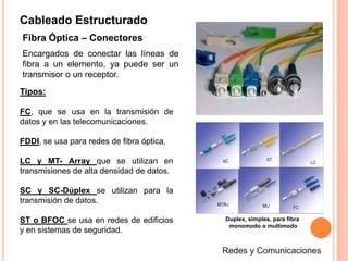 Cableado EstructuradoFibra ÓpticaUn medio de transmisión empleado habitualmente en redes de datos; un hilo muy fino de material transparente, vidrio o materiales plásticos, por el que se envían pulsos de luz que representan los datos a transmitir. El haz de luz queda completamente confinado y se propaga por el núcleo de la fibra con un ángulo de reflexión por encima del ángulo límite de reflexión total, en función de la ley de Snell. La fuente de luz puede ser láser o un LED.Las fibras se utilizan ampliamente en telecomunicaciones, ya que permiten enviar gran cantidad de datos a gran velocidad, mucho más rápido que en las comunicaciones de radio y cable. También se utilizan para redes locales. Son el medio de transmisión por excelencia, inmune a las interferencias. Redes y Comunicaciones