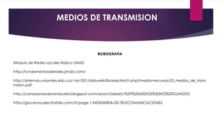 MEDIOS DE TRANSMISION

BILIBOGRAFIA
Módulo de Redes Locales Básico UNAD
http://fundamentosderedes.jimdo.com/
http://sistemas.uniandes.edu.co/~isis1301/dokuwiki/lib/exe/fetch.php?media=recursos:05_medios_de_trans
mision.pdf
http://campeonesdevenezuela.blogspot.com/search/label/c%29%20MEDIOS%20NO%20GUIADOS
http://giovanna.electrofolio.com/#/page.1.INGENIERIA-DE-TELECOMUNICACIONES

 