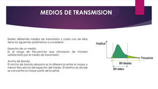 MEDIOS DE TRANSMISION

Existen diferentes medios de transmisión y cada uno de ellos
tiene los siguientes parámetros a considerar:
Espectro de un medio:
Es el rango de frecuencias que atraviesan de manera
satisfactoria por el medio de transmisión.
Ancho de Banda:
El ancho de banda absoluto es la diferencia entre la mayor y
menor frecuencia del espectro del medio. El relativo es donde
se concentra la mayor parte de la señal.

 