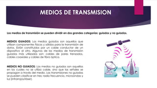 MEDIOS DE TRANSMISION

Los medios de transmisión se pueden dividir en dos grandes categorías: guiados y no guiados.
MEDIOS GUIADOS: Los medios guiados son aquellos que
utilizan componentes físicos y sólidos para la transmisión de
datos. Están constituidos por un cable conductor de un
dispositivo al otro. Algunos de los medios de transmisión
guiados más utilizados son: cables de pares trenzados,
cables coaxiales y cables de fibra óptica.
MEDIOS NO GUIADOS: Los medios no guiados son aquellos
en los cuales no se utiliza cable, sino que las señales se
propagan a través del medio. Las transmisiones no guiadas
se pueden clasificar en tres: radio frecuencia, microondas y
luz (infrarrojos/láser).

 