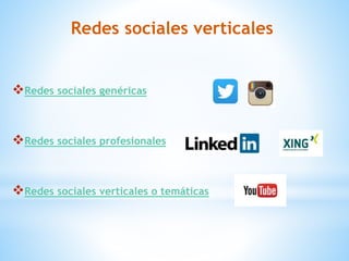 Redes sociales verticales
Redes sociales genéricas
Redes sociales profesionales
Redes sociales verticales o temáticas
 