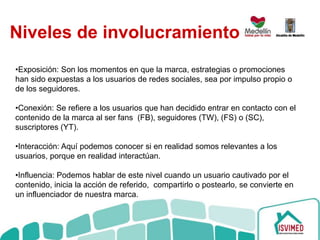 Niveles de involucramiento
•Exposición: Son los momentos en que la marca, estrategias o promociones
han sido expuestas a los usuarios de redes sociales, sea por impulso propio o
de los seguidores.
•Conexión: Se refiere a los usuarios que han decidido entrar en contacto con el
contenido de la marca al ser fans (FB), seguidores (TW), (FS) o (SC),
suscriptores (YT).
•Interacción: Aquí podemos conocer si en realidad somos relevantes a los
usuarios, porque en realidad interactúan.
•Influencia: Podemos hablar de este nivel cuando un usuario cautivado por el
contenido, inicia la acción de referido, compartirlo o postearlo, se convierte en
un influenciador de nuestra marca.
 