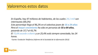 Valoremos estos datos
@AntoniaAdame
En España, hay 47 millones de habitantes, de los cuales 24,1 mill son
internautas (69,2%)
Este porcentaje llega al 96,2% en el colectivo joven de 16 a 24 años
Pero el mayor crecimiento ha sido en personas de 55 a 64 años,
pasando de 37,7 al 43,7%
El 72,6% accede a diario y un 25,4% está siempre conectado, las 24
horas.
Fuente: Fundación Telefónica (Informe de la Sociedad de la Información 2013)
 
