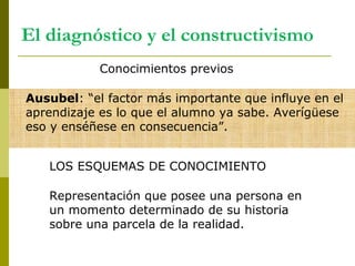 El diagnóstico y el constructivismo
Conocimientos previos
LOS ESQUEMAS DE CONOCIMIENTO
Representación que posee una persona en
un momento determinado de su historia
sobre una parcela de la realidad.
Ausubel: “el factor más importante que influye en el
aprendizaje es lo que el alumno ya sabe. Averígüese
eso y enséñese en consecuencia”.
 