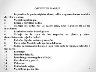 ORDEN DEL MASAJE
1. Inspección de puntos rígidos, duros, callos, engrosamientos, cambios
de color o textura.
2. Maniobra palma-pie.
3. Estirar y movilizar dedos.
4. Trabajar los dedos por las cuatro caras, uñas y puntos Qi de los
meridianos.
5. Exprimir espacios interdigitales.
6. Trabajo de la zona de los trapecios en planta y dorso
(inmediatamente bajo los dedos).
7. Pulmón, hígado, vesícula y corazón.
8. Plexo solar. Maniobra de apertura del tórax.
9. Riñón, suprarrenales, bajar en línea recta hasta la vejiga, repetir dos o
tres veces.
10. Estómago.
11. Intestino delgado.
12. Intestino grueso (seguir el dibujo).
13. Zona lumbar y genital.
14. Columna.
15. Riñón hasta vejiga.
16. Maniobras: palma-pie.
 