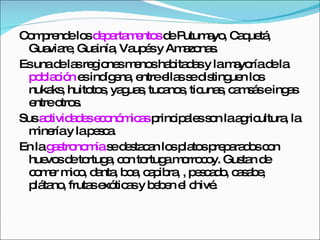 Comprende los  departamentos  de Putumayo, Caquetá, Guaviare, Guainía, Vaupés y Amazonas. Es una de las regiones menos habitadas y la mayoría de la  población  es indígena, entre ellas se distinguen los nukaks, huitotos, yaguas, tucanos, ticunas, camsás e ingas entre otros. Sus  actividades económicas  principales son la agricultura, la minería y la pesca. En la  gastronomía  se destacan los platos preparados con huevos de tortuga, con tortuga morrocoy. Gustan de comer mico, danta, boa, capibra, , pescado, casabe, plátano, frutas exóticas y beben el chivé. 