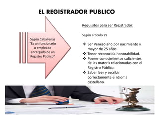 Según Caballenas
“Es un funcionario
o empleado
encargado de un
Registro Público”
EL REGISTRADOR PUBLICO
Requisitos para ser Registrador:
Según articulo 29
 Ser Venezolano por nacimiento y
mayor de 25 años.
 Tener reconocida honorabilidad.
 Poseer conocimientos suficientes
de las materis relacionadas con el
Registro Público.
 Saber leer y escribir
correctamente el idioma
castellano.
 