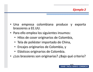 Ejemplo 2



• Una empresa colombiana produce y exporta
  brassieres a EE.UU.
• Para ello emplea los siguientes insumos:
   • Hilos de coser originarios de Colombia,
   • Tela de poliéster importado de China,
   • Encajes originarios de Colombia, y
   • Elásticos originarios de Colombia.
• ¿Los brassieres son originarias? ¿Bajo qué criterio?

                                          110
 