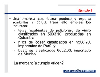 Ejemplo 1

• Una empresa colombiana produce y exporta
  sombrillas a EE.UU. Para ello emplea los
  insumos:
   - telas recubiertas de policloruro de vinilo
     clasificados en 5903.10, producidas en
     Colombia,
   - hilos de coser clasificados en 5508.20,
     importados de Perú, y
   - bastones clasificados 6602.00, importado
     de México.

  La mercancía cumple origen?
                                      116
 