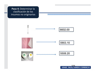Paso 4: Determinar la
  clasificación de los
insumos no originarios




                         6602.00




                         5903.10



                         5508.20



                                   119
 