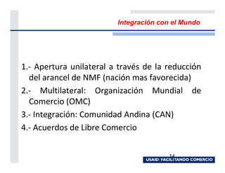Integración con el Mundo




1.- Apertura unilateral a través de la reducción
  del arancel de NMF (nación mas favorecida)
2.- Multilateral: Organización Mundial de
  Comercio (OMC)
3.- Integración: Comunidad Andina (CAN)
4.- Acuerdos de Libre Comercio


                                        14
 