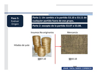 Paso 5:              Parte 1: Un cambio a la partida 53.10 a 53.11 de
Evaluar              cualquier partida fuera de ese grupo,
Origen
                     Parte 2: excepto de la partida 53.07 a 53.08.

                    Insumos No originarios          Mercancía




  Hilados de yute




                          5307.10                     5310.10


                                                          144
 