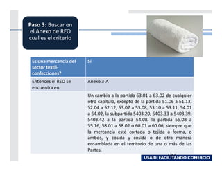 Paso 3: Buscar en
 el Anexo de REO
cual es el criterio


 Es una mercancía del   Sí
 sector textil-
 confecciones?
 Entonces el REO se     Anexo 3-A
 encuentra en
                        Un cambio a la partida 63.01 a 63.02 de cualquier
                        otro capítulo, excepto de la partida 51.06 a 51.13,
                        52.04 a 52.12, 53.07 a 53.08, 53.10 a 53.11, 54.01
                        a 54.02, la subpartida 5403.20, 5403.33 a 5403.39,
                        5403.42 a la partida 54.08, la partida 55.08 a
                        55.16, 58.01 a 58.02 ó 60.01 a 60.06, siempre que
                        la mercancía esté cortada o tejida a forma, o
                        ambos, y cosida y cosida o de otra manera
                        ensamblada en el territorio de una o más de las
                        Partes.
                                                               150
 