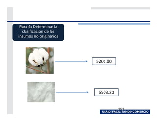 Paso 4: Determinar la
  clasificación de los
insumos no originarios




                         5201.00




                          5503.20


                                    151
 