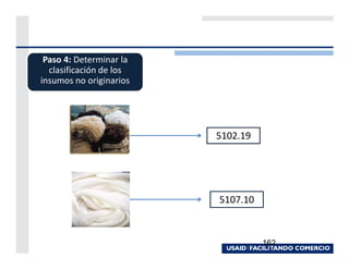 Paso 4: Determinar la
  clasificación de los
insumos no originarios




                         5102.19




                         5107.10



                                   162
 