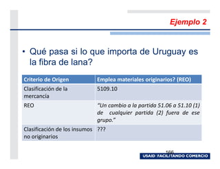 Ejemplo 2


• Qué pasa si lo que importa de Uruguay es
  la fibra de lana?
Criterio de Origen          Emplea materiales originarios? (REO)
Clasificación de la         5109.10
mercancía
REO                         “Un cambio a la partida 51.06 a 51.10 (1)
                            de cualquier partida (2) fuera de ese
                            grupo.”
Clasificación de los insumos ???
no originarios

                                                       166
 
