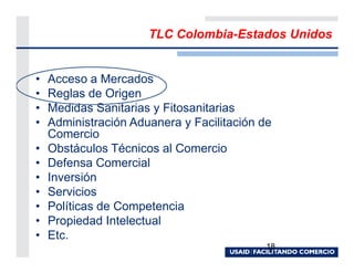 TLC Colombia-Estados Unidos


•   Acceso a Mercados
•   Reglas de Origen
•   Medidas Sanitarias y Fitosanitarias
•   Administración Aduanera y Facilitación de
    Comercio
•   Obstáculos Técnicos al Comercio
•   Defensa Comercial
•   Inversión
•   Servicios
•   Políticas de Competencia
•   Propiedad Intelectual
•   Etc.
                                            18
 
