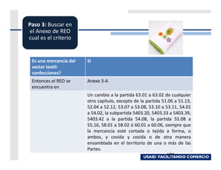Paso 3: Buscar en
 el Anexo de REO
cual es el criterio


 Es una mercancía del   Sí
 sector textil-
 confecciones?
 Entonces el REO se     Anexo 3-A
 encuentra en
                        Un cambio a la partida 63.01 a 63.02 de cualquier
                        otro capítulo, excepto de la partida 51.06 a 51.13,
                        52.04 a 52.12, 53.07 a 53.08, 53.10 a 53.11, 54.01
                        a 54.02, la subpartida 5403.20, 5403.33 a 5403.39,
                        5403.42 a la partida 54.08, la partida 55.08 a
                        55.16, 58.01 a 58.02 ó 60.01 a 60.06, siempre que
                        la mercancía esté cortada o tejida a forma, o
                        ambos, y cosida y cosida o de otra manera
                        ensamblada en el territorio de una o más de las
                        Partes.
                                                               184
 