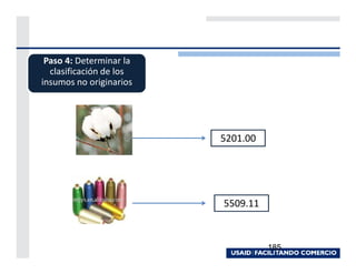 Paso 4: Determinar la
  clasificación de los
insumos no originarios




                         5201.00




                         5509.11



                                   185
 