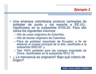 Ejemplo 2


• Una empresa colombiana produce camisetas de
  poliéster de punto y los exporta a EE.UU.,
  clasificados en la subpartida 6105.20. Para ello
  utiliza los siguientes insumos:
   – Hilo de coser originario de Colombia,
   – Hilo de bordar originario de Colombia,
   – Fibra de poliéster importado de Ecuador, a fin de
     elaborar el cuerpo principal de la tela, clasificado e la
     subpartida 5503.20 y
   – Tela 100% poliéster para las mangas importada de
     China, clasificadas en la subpartida 5512.19
• ¿ La mercancía es originaria? Bajo qué criterio de
  origen?
 
