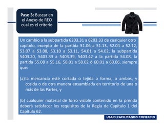 Paso 3: Buscar en
 el Anexo de REO
cual es el criterio


Un cambio a la subpartida 6203.31 a 6203.33 de cualquier otro
capítulo, excepto de la partida 51.06 a 51.13, 52.04 a 52.12,
53.07 a 53.08, 53.10 a 53.11, 54.01 a 54.02, la subpartida
5403.20, 5403.33 a 5403.39, 5403.42 a la partida 54.08, la
partida 55.08 a 55.16, 58.01 a 58.02 ó 60.01 a 60.06, siempre
que:

(a) la mercancía esté cortada o tejida a forma, o ambos, y
    cosida o de otra manera ensamblada en territorio de una o
    más de las Partes, y

(b) cualquier material de forro visible contenido en la prenda
deberá satisfacer los requisitos de la Regla de Capítulo 1 del
Capítulo 62.
                                                      204
 