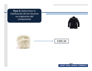 Paso 4: Determinar la
clasificación de los insumos
      no originarios del
         componente




                               5105.10




                                         207
 