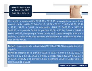 Paso 3: Buscar en
    el Anexo de REO
   cual es el criterio


Un cambio a la subpartida 6212.20 a 6212.90 de cualquier otro capítulo,
excepto de la partida 51.06 a 51.13, 52.04 a 52.12, 53.07 a 53.08, 53.10
a 53.11, 54.01 a 54.02, la subpartida 5403.20, 5403.33 a 5403.39,
5403.42 a la partida 54.08, la partida 55.08 a 55.16, 58.01 a 58.02 ó
60.01 a 60.06, siempre que la mercancía esté cortada o tejida a forma, o
ambos, y cosida o de otra manera ensamblada en territorio de una o
más de las Partes.

Parte 1: Un cambio a la subpartida 6212.20 a 6212.90 de cualquier otro
capítulo
Parte 2: excepto de la partida 51.06 a 51.13, 52.04 a 52.12, 53.07 a
53.08, 53.10 a 53.11, 54.01 a 54.02, la subpartida 5403.20, 5403.33 a
5403.39, 5403.42 a la partida 54.08, la partida 55.08 a 55.16, 58.01 a
58.02 ó 60.01 a 60.06
                                                          212
 