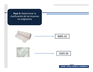 Paso 4: Determinar la
clasificación de los insumos
        no originarios




                               6005.32




                                5503.20



                                          213
 