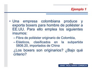 Ejemplo 1


• Una empresa colombiana produce y
  exporta boxers para hombre de poliéster a
  EE.UU. Para ello emplea los siguientes
  insumos:
  – Fibra de poliéster originario de Colombia,
  – Elásticos, clasificados en la subpartida
    5806.20, importados de China
  ¿Los boxers son originarios? ¿Bajo qué
  criterio?

                                     218
 