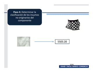 Paso 4: Determinar la
clasificación de los insumos
      no originarios del
         componente




                               5503.20




                                         220
 