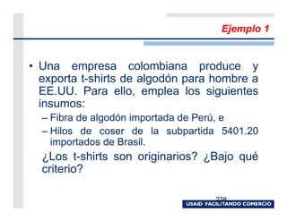 Ejemplo 1


• Una empresa colombiana produce y
  exporta t-shirts de algodón para hombre a
  EE.UU. Para ello, emplea los siguientes
  insumos:
  – Fibra de algodón importada de Perú, e
  – Hilos de coser de la subpartida 5401.20
    importados de Brasil.
  ¿Los t-shirts son originarios? ¿Bajo qué
  criterio?

                                   228
 