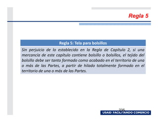 Regla 5



                     Regla 5: Tela para bolsillos
Sin perjuicio de lo establecido en la Regla de Capítulo 2, si una
mercancía de este capítulo contiene bolsillo o bolsillos, el tejido del
bolsillo debe ser tanto formado como acabado en el territorio de una
o más de las Partes, a partir de hilado totalmente formado en el
territorio de una o más de las Partes.




                                                        235
 
