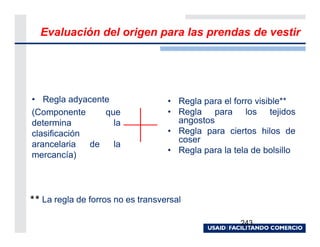 Evaluación del origen para las prendas de vestir




• Regla adyacente                  • Regla para el forro visible**
(Componente      que               • Regla para los tejidos
determina          la                angostos
clasificación                      • Regla para ciertos hilos de
                                     coser
arancelaria   de   la
                                   • Regla para la tela de bolsillo
mercancía)




** La regla de forros no es transversal

                                                     243
 