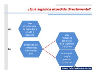 ¿Qué significa expedida directamente?



          Vaya
     directamente
a)   de Colombia a
        EE.UU. o
       viceversa                 a) La
                              mercancía
                             debe estar
      Si transita o es      bajo vigilancia
       almacenada             aduanera
b)     en un tercer
            país             b) No sufrir
                               ningún
                               proceso
                             productivo
                                         262
 