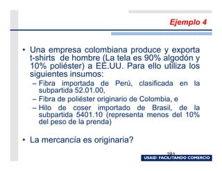 Ejemplo 4


• Una empresa colombiana produce y exporta
  t-shirts de hombre (La tela es 90% algodón y
  10% poliéster) a EE.UU. Para ello utiliza los
  siguientes insumos:
  – Fibra importada de Perú, clasificada en la
    subpartida 52.01.00,
  – Fibra de poliéster originario de Colombia, e
  – Hilo de coser importado de Brasil, de la
    subpartida 5401.10 (representa menos del 10%
    del peso de la prenda)

• La mercancía es originaria?
                                      281
 
