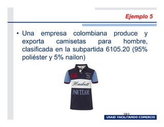 Ejemplo 5

• Una empresa colombiana produce y
  exporta      camisetas     para   hombre,
  clasificada en la subpartida 6105.20 (95%
  poliéster y 5% nailon)




                                   282
 