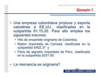 Ejemplo 1


• Una empresa colombiana produce y exporta
  calcetines a EE.UU., clasificadas en la
  subpartida 61.15.20. Para ello emplea los
  siguientes insumos:
  • Hilo de ensamble originario de Colombia,
  • Nailon importado de Canadá, clasificada en la
    subpartida 5402.31 y
  • Fibra de algodón importada de Perú, clasificada
    en la subpartida 5201.00

• La mercancía es originaria?
                                         287
 