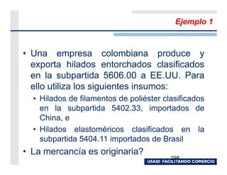 Ejemplo 1



• Una empresa colombiana produce y
  exporta hilados entorchados clasificados
  en la subpartida 5606.00 a EE.UU. Para
  ello utiliza los siguientes insumos:
  • Hilados de filamentos de poliéster clasificados
    en la subpartida 5402.33, importados de
    China, e
  • Hilados elastoméricos clasificados en la
    subpartida 5404.11 importados de Brasil
• La mercancía es originaria?
                                         298
 