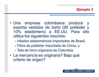 Ejemplo 3


• Una empresa colombiana produce y
  exporta vestidos de baño (90 poliéster y
  10% elastómero) a EE.UU. Para ello
  utiliza los siguientes insumos:
  – Hilados elastoméricos importados de Brasil,
  – Fibra de poliéster importada de China, y
  – Tela de forro originaria de Colombia.
• La mercancía es originaria? Bajo qué
  criterio de origen?

                                        302
 