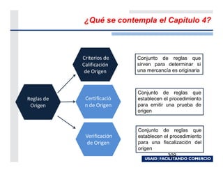 ¿Qué se contempla el Capítulo 4?



            Criterios de    Conjunto de reglas que
            Calificación    sirven para determinar si
             de Origen      una mercancía es originaria



                            Conjunto de reglas que
Reglas de    Certificació   establecen el procedimiento
 Origen      n de Origen    para emitir una prueba de
                            origen


                            Conjunto de reglas que
             Verificación   establecen el procedimiento
              de Origen     para una fiscalización del
                            origen
                                         309
 