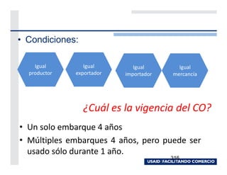 • Condiciones:

    Igual        Igual        Igual       Igual
  productor   exportador   importador   mercancía




                 ¿Cuál es la vigencia del CO?
• Un solo embarque 4 años
• Múltiples embarques 4 años, pero puede ser
  usado sólo durante 1 año.
                                        316
 