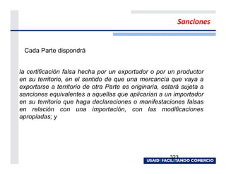 Sanciones


 Cada Parte dispondrá


la certificación falsa hecha por un exportador o por un productor
en su territorio, en el sentido de que una mercancía que vaya a
exportarse a territorio de otra Parte es originaria, estará sujeta a
sanciones equivalentes a aquellas que aplicarían a un importador
en su territorio que haga declaraciones o manifestaciones falsas
en relación con una importación, con las modificaciones
apropiadas; y




                                                       323
 