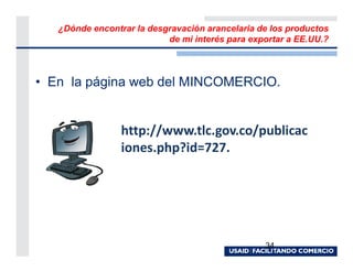 ¿Dónde encontrar la desgravación arancelaria de los productos
                           de mi interés para exportar a EE.UU.?



• En la página web del MINCOMERCIO.


                 http://www.tlc.gov.co/publicac
                 iones.php?id=727.




                                                 34
 