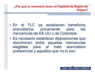 ¿Por qué es necesario tener un Capítulo de Reglas de
                                              Origen?




• En el TLC se establecen beneficios
  arancelarios     únicamente     para   las
  mercancías de EE.UU o de Colombia.
• Es necesario establecer disposiciones que
  discriminen entre aquellas mercancías
  elegibles para el trato arancelario
  preferencial y aquellos que no lo son.


                                          46
 