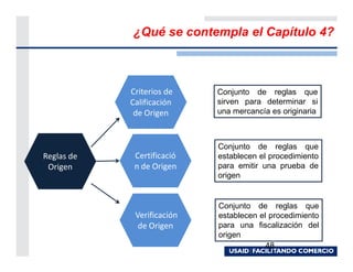 ¿Qué se contempla el Capítulo 4?



            Criterios de    Conjunto de reglas que
            Calificación    sirven para determinar si
             de Origen      una mercancía es originaria



                            Conjunto de reglas que
Reglas de    Certificació   establecen el procedimiento
 Origen      n de Origen    para emitir una prueba de
                            origen


                            Conjunto de reglas que
             Verificación   establecen el procedimiento
              de Origen     para una fiscalización del
                            origen
                                         48
 